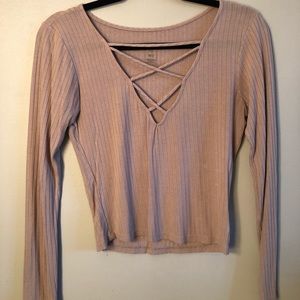 Long sleeve taupe top with criss-cross detail